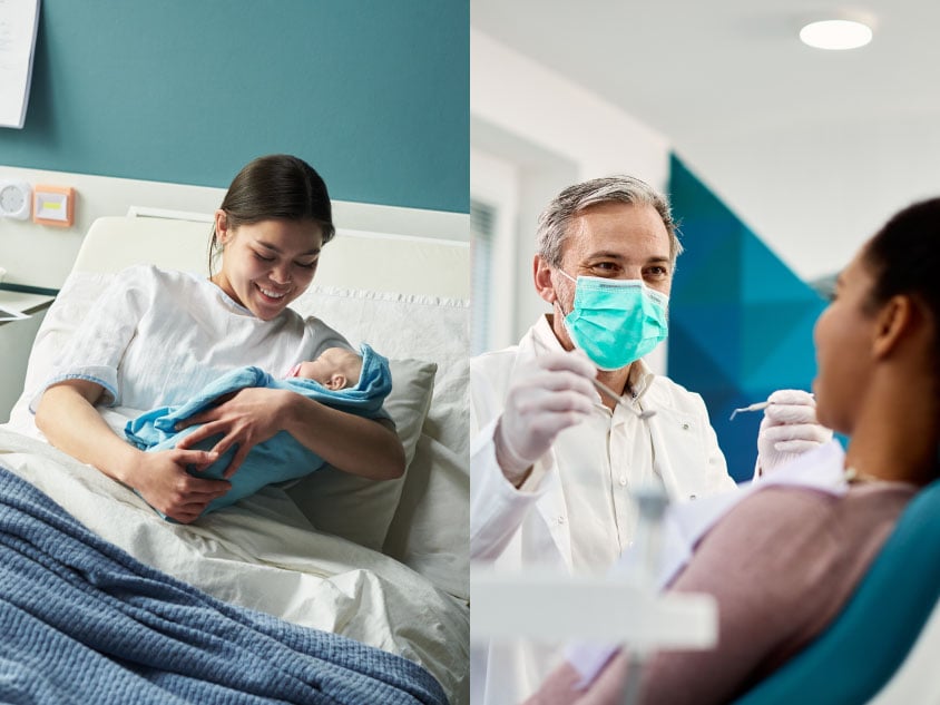 A woman holds a baby and a dentist treats a patient