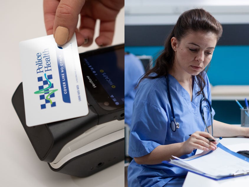 A Police Health card tapped on a HICAPS machine and a doctor looking at forms